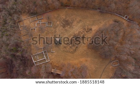 Aerial drone view of Rifnik arheological site, with visible outlines of ruins in the early centuries, close to Sentjur at Celje. Imagine de stoc © 