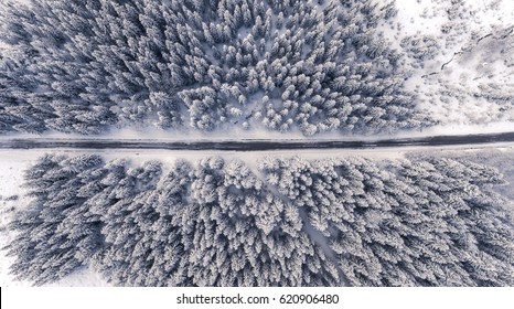 Aerial drone view of road in idyllic winter landscape. Street running through the nature from a birds eye view. - Powered by Shutterstock