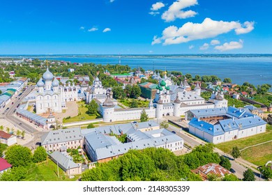 Aerial drone view of Rostov Kremlin in Rostov the Great city in summer, Russia. Golden ring of Russia.