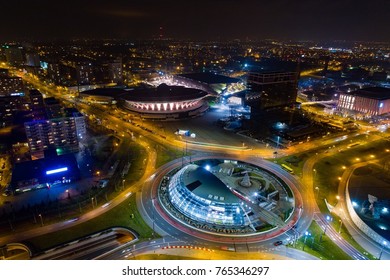 Aerial drone view of roundabout in Katowice at night. Silesia, Poland