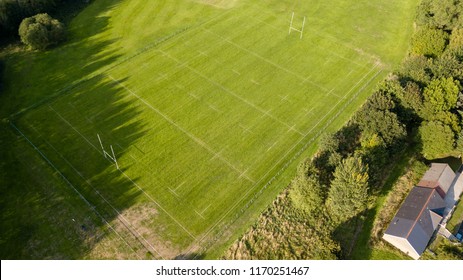 Aerial Drone View Of A Rugby Union Sports Pitch Marked Out Before A Match