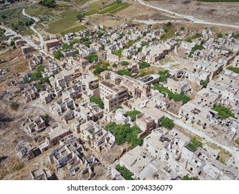 Aerial Drone View Of The Ruins Of Poggioreale On The Belice Valley, In The Province Of Trapani. The Town Was Destroyed By And Earthquake In 1968. Abandoned Empty Eerie Ghost Town In Sicily.