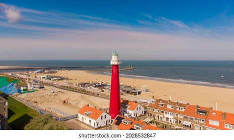 Aerial drone view of Scheveningen Lighthouse and beach in the Netherlands