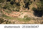 Aerial drone view of a silted river with visible erosion along its banks in São Paulo, Brazil, highlighting environmental degradation in a rural landscape