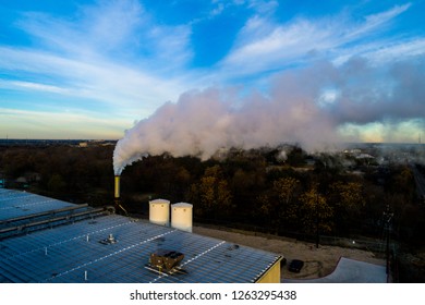 Aerial Drone View Of Smoke Stack Pollution , Time Is Running Out On Climate Change Smoke Stack Releasing Toxins And Fossil Fuel Pollution In Texas A Large Polluter