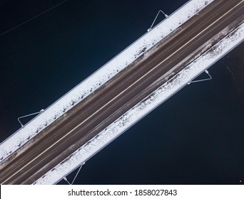 Aerial Drone View. Snow-covered Bridge In Kiev.