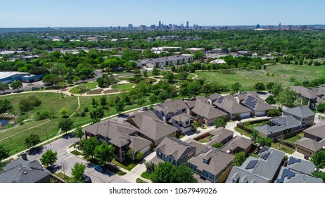 Aerial Drone View With Solar Panel Rooftop One The Leading Renewable And Sustainable Energy Efficiency Neighborhood In Austin, Texas The Mueller Suburb Is Covered In Rooftop Solar Energy High Angle