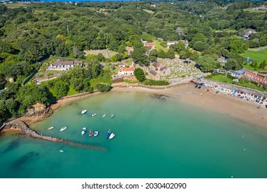 Aerial drone view of St Brelades Bay, Jersey, CI