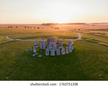 Aerial/ drone view of Stonehenge, England. Sunset over a ancient prehistoric stone monuments