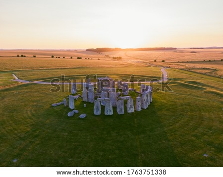 Aerial drone view of Stonehenge, England. Stone henge Sunset over a ancient prehistoric stone monuments
