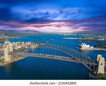 Aerial Drone View Of Sydney Harbour NSW Australia. Nice Blue Water Of The Harbour, High Rise Offices And Residential Buildings Of The Sydney City CBD