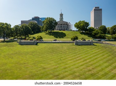 Aerial Drone View Of The Tennessee State Capitol Building In Nashville With The Business District