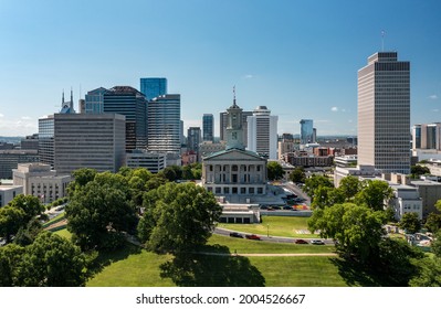 Aerial Drone View Of The Tennessee State Capitol Building In Nashville With The Business District