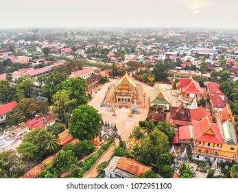 Aerial drone view topdown eagle eye of a traditionnal temple pagoda cemetery in siem reap cambodia asia
