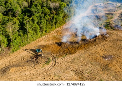 Aerial drone view of tropical rainforest deforestation to clear land for plantations