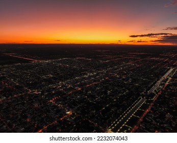 Aerial drone view of twilight in plain grid town. General Roca, Rio Negro, Argentina - Shutterstock ID 2232074043