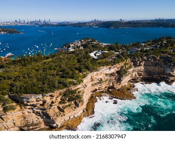 Aerial Drone View Of Watsons Bay In East Sydney, Australia Along The Coastal Clifftop With Sydney City In The Background On A Sunny Day