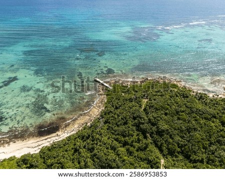 Aerial drone view of white sand beach with small private peer between turquoise blue Caribbean Sea with coral reef and green tropical forest on a bright sunny day in Tulum
