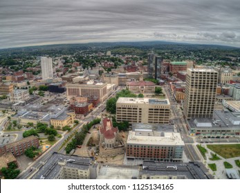 Aerial Drone View of Worcester, Massachusetts on a Cloudy Day