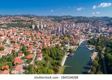 Aerial dronw wiev of city Uzice, town in Serbia, Balkans, Europe