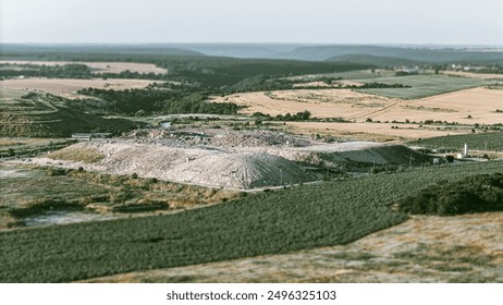 Aerial Dump trucks unloading garbage over waste landfill. Environmental pollution. Outdated method of waste disposal - Powered by Shutterstock