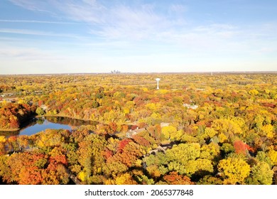 Aerial Edina Water Tower with Minneapolis Skyline during Fall Autumn