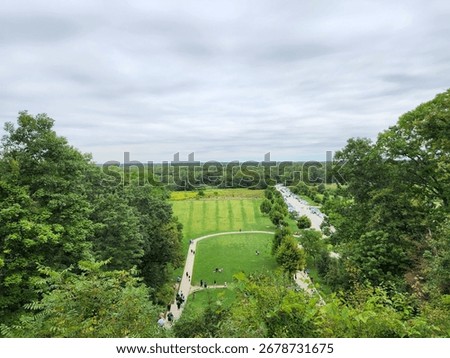aerial, elevated view from the top of Swallow Cliff Stairs, Palos Park, looking down into the valley below, green trees, summer