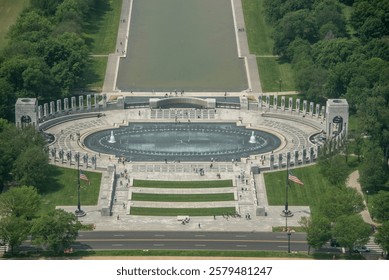 aerial elevated view of the World War II Memorial on the National Mall, Washington, D.C.