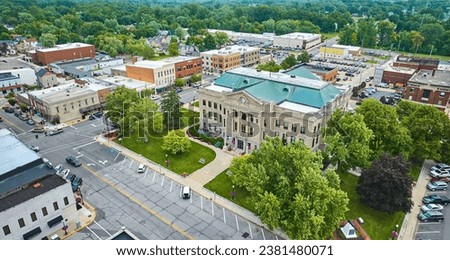 Aerial entrance view in summer of Auburn courthouse
