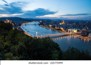 Aerial Evening View Of Budapest And The Danube River From Gellert Hill 