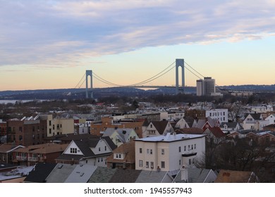 Aerial Evening View On Verrazzano Narrows Bridge From Brooklyn Side
