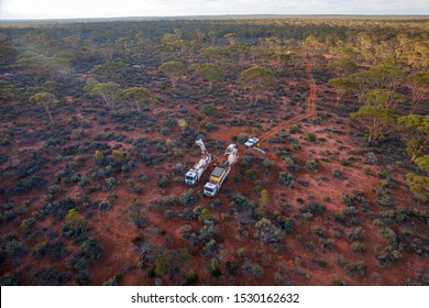 Aerial Of An Exploration Drill Rig In The Red Dirt Of Kalgoorlie, Western Australia. 