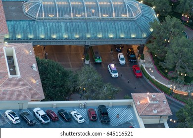 Aerial Exterior Photo Above A Luxury Resort Casino Hotel Entrance In Las Vegas. Circle Driveway For Cars And Taxi To Drop Off Passengers Who Travel For Vacation