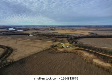 Aerial Of Farmland And The Kansas River.