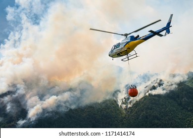 Aerial Firefighting With Helicopter On A Big Wildfire In A Pine Forest