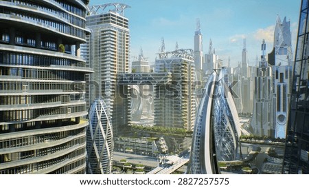 Aerial Flythrough of Megacity, Highlighting Engineered Skybridges, Layered Boulevards, Rooftop Gardens. Structural Innovation, Renewable Systems, Smart Transit Networks Futuristic Business District