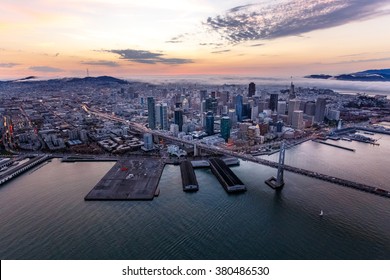 Aerial Of Foggy San Francisco At Sunset