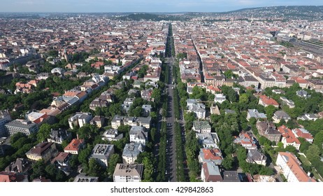 Aerial footage from a drone shows the Andrassy road in Budapest, Hungary.