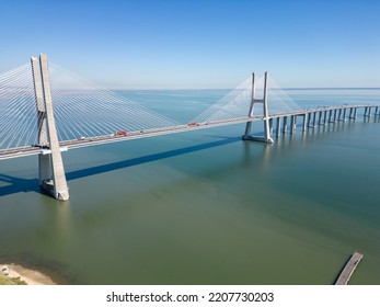 Aerial Footage Vasco Da Gama Bridge At Park Of The Nations In Lisbon (Parque Das Nações)