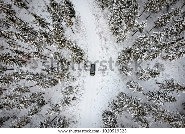 Aerial forest\
scenery with the car - winter\
season