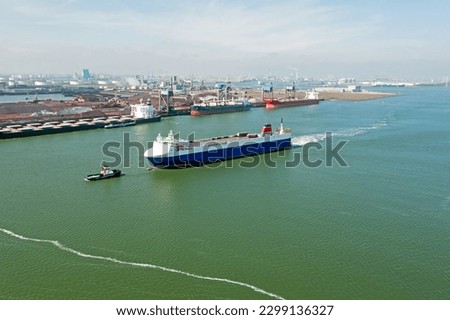 Aerial from a freighter on the Nieuwe Waterweg near Rotterdam harbor in the Netherlands