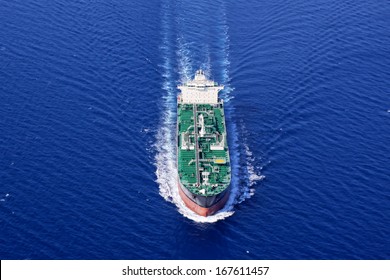 Aerial Front Side View Of Oil Tanker Ship Sailing On Open Sea