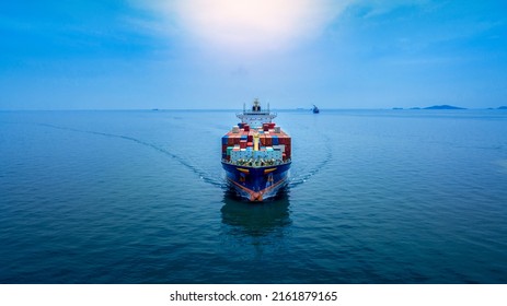 Aerial In Front View Of Cargo Ship Carrying Container And Running For Export  Goods  From  Cargo Yard Port To Custom Ocean Concept Technology Transportation , Customs Clearance.