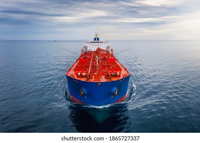 Aerial Front View Of A Cargo Tanker Traveling Over Calm Sea