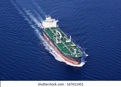 Aerial Front View Of Oil Tanker Ship On Open Sea