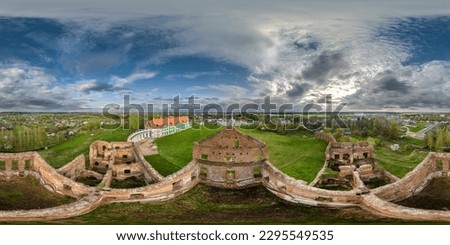 aerial full spherical hdri 360 panorama over stone abandoned ruined palace building with columns at evening in equirectangular projection, VR AR virtual reality content