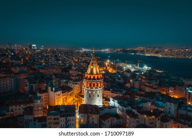 aerial galata tower and istanbul bosphorus in evening blue hour