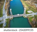 Aerial of the Glendale Avenue Bridge, a vertical lift bridge over the Welland Canal, part of the St. Lawrence Seaway and Great Lakes Waterway in St. Catharines, Ontario, Canada. Between locks 3 and 5.