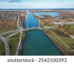 Aerial of the Glendale Avenue Bridge, a vertical lift bridge over the Welland Canal, part of the St. Lawrence Seaway and Great Lakes Waterway in St. Catharines, Ontario, Canada. Between locks 3 and 5.