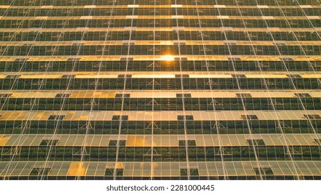 AERIAL: Golden sun reflecting from the roof of modern agricultural glasshouse. Greenhouse building with water accumulators for weather independent biological vegetable production in green countryside. - Powered by Shutterstock